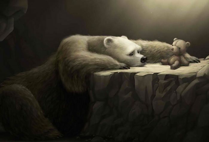 Картинка грустный медведь и плюшевый мишка