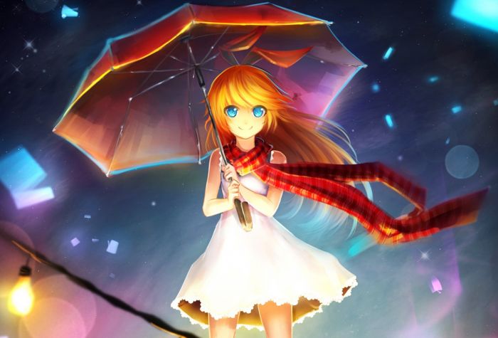 Картинка девушка под зонтиком в платье с шарфом, аниме