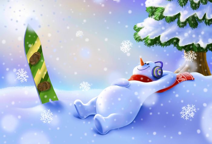 Картинка снеговик лежит на снегу под елкой возле сноуборда