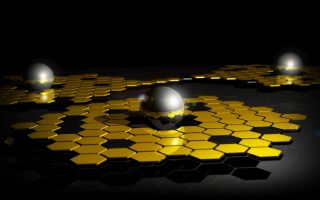 3D шары в желтых сотах на темной поверхности