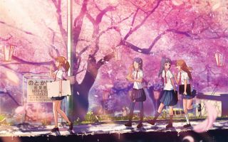 аниме, школьницы идут через парк с цветущей сакурой