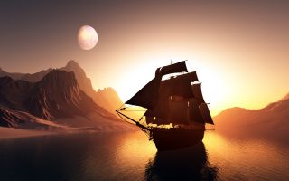 парусный корабль на закате солнца