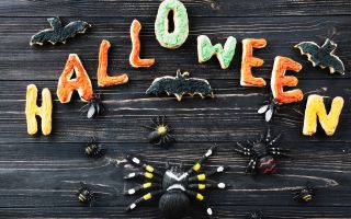 надпись Halloween, летучие мыши, пауки из печенья