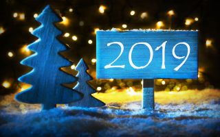 Новый Год 2019, табличка, елки, гирлянды, снег, ночь