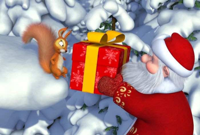 Картинка елки в снегу, Дед Мороз, новогодний подарок, белка