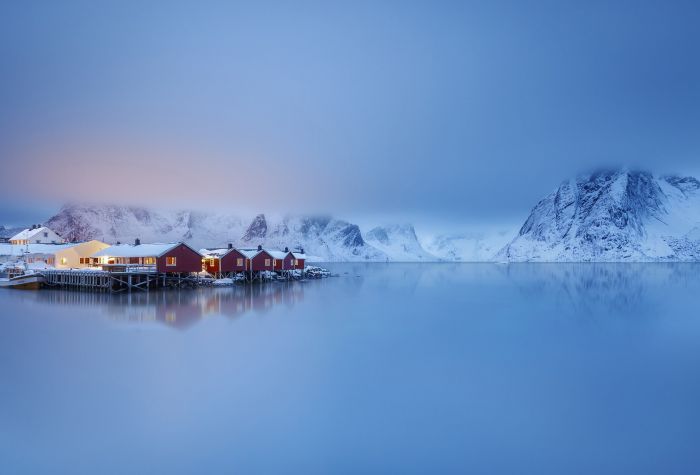 Картинка городок, домики на берегу, Лофотенские острова, Норвегия