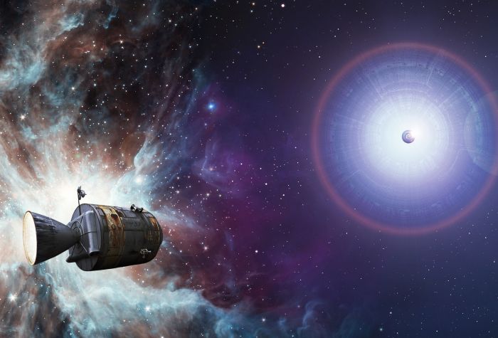 Картинка космос, космический корабль, яркая звезда, Debian