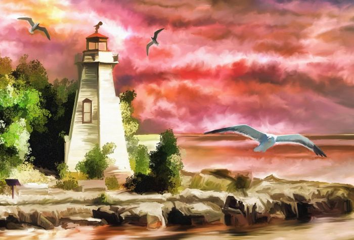 Картинка маяк на берегу, красное небо, летают чайки