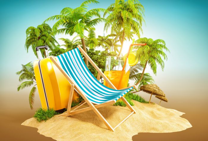 Картинка тропики, пальмы, шезлонг, коктейль, чемодан, отдых на пляже