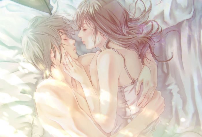 Картинка аниме, объятия  парня и девушки в постели