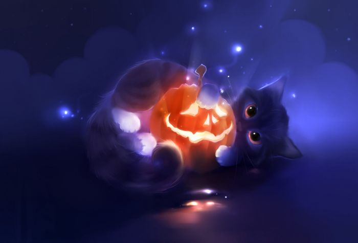 Картинка маленький котик обнимает тыкву Хеллоуин
