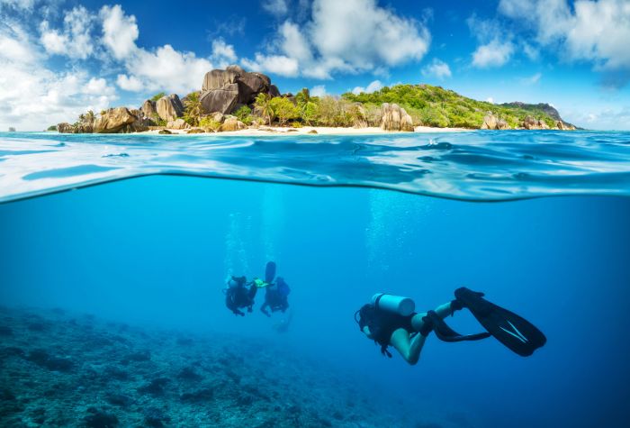 Картинка дайверы, аквалангисты плавают под водой возле острова