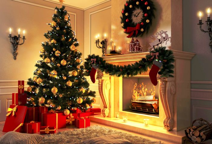 Картинка праздник новый год, украшения на елке, подарки возе камина