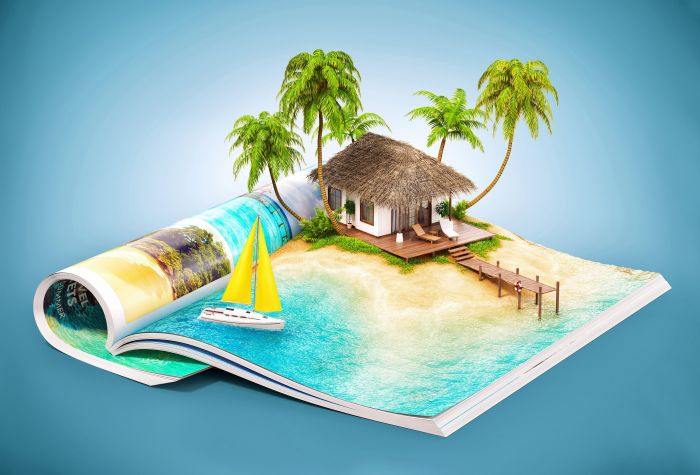 Картинка экзотический отдых, домик, пальмы, яхта на глянцевом журнале