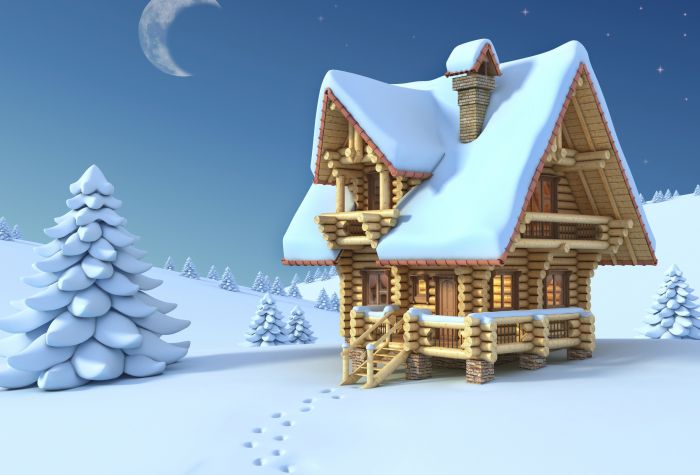 Картинка деревянный домик в снегу, зима, елки