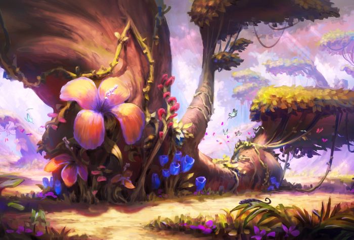 Картинка сказочный лес, аниме, цветы, деревья