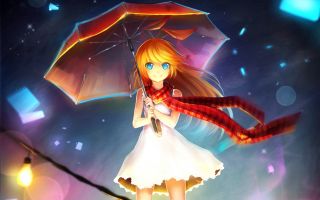 девушка под зонтиком в платье с шарфом, аниме