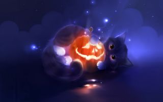 маленький котик обнимает тыкву Хеллоуин
