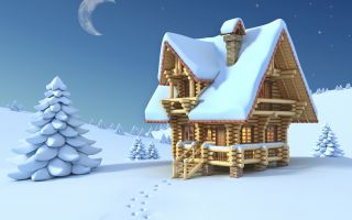 деревянный домик в снегу, зима, елки